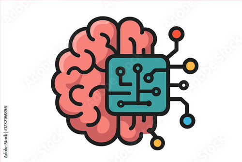 Artificial intelligence symbol. Brain icon with computer chip. Machine learning, neural network, and technology concept. Digital mind, data processing, and innovation vector icon.