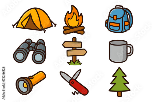 Camping icon set in cute cartoon style. Vector illustration collection for outdoor adventure, travel, and hiking. Includes tent, campfire, backpack, binoculars, signpost, mug, knife.
