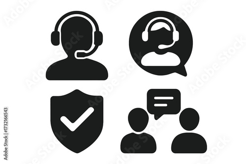 Customer support silhouette icons with headset, communication symbols, verified shield emblem, chat conversation, vector cartoon illustration, transparent background, help desk service set