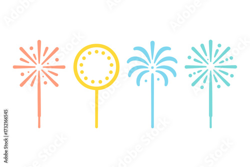 Vibrant collection of stylized fireworks and sparklers in various shapes for festive celebrations and holiday events