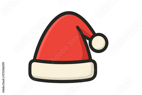 Santa Claus hat flat icon. Red Christmas cap symbol. Vector cartoon illustration for winter holiday design. Festive accessory graphic element. Xmas seasonal wear logo.