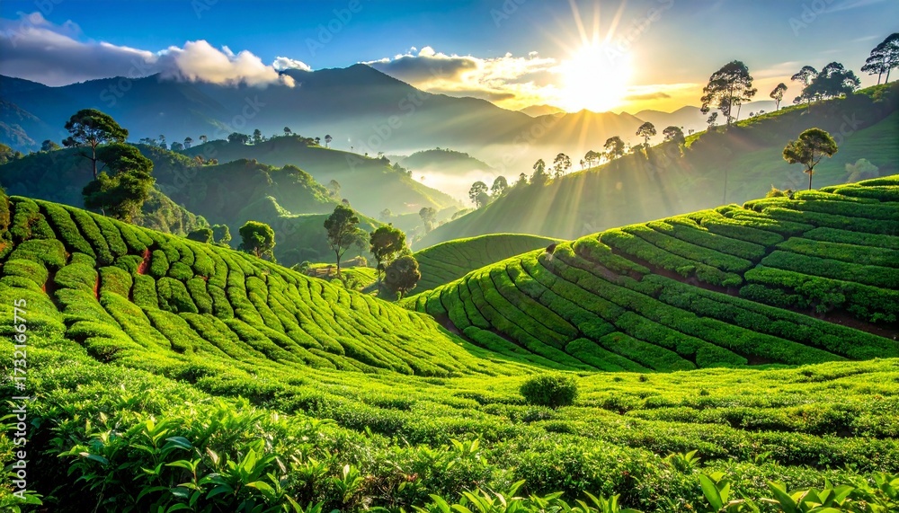Fototapeta premium Golden sunrise over a peaceful green tea plantation in the misty mountains