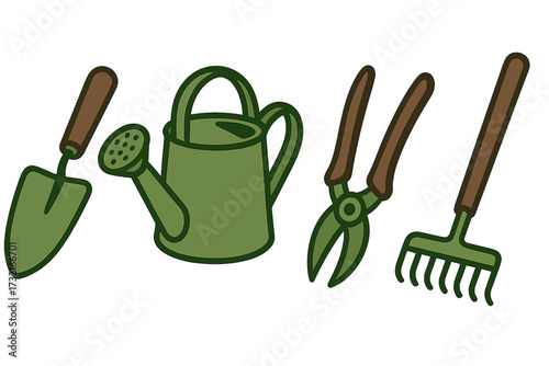 Essential gardening tools set featuring a trowel, watering can, pruning shears, and rake for horticulture activities