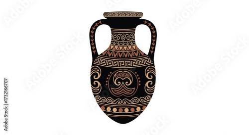 An ancient amphora artifact decorated with intricate geometric patterns and mythological motifs.