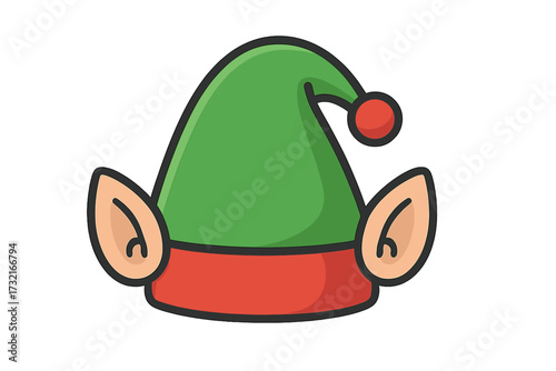 Elf hat with ears vector icon. Christmas fantasy costume accessory. Santa's little helper headwear illustration. Festive holiday symbol, green and red cartoon character design.
