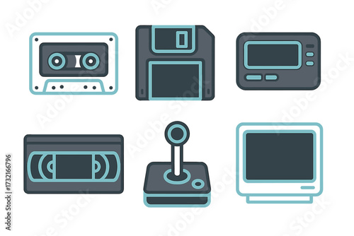 Classic electronic devices and media storage formats including cassette, floppy disk, VHS, joystick, pager, and monitor