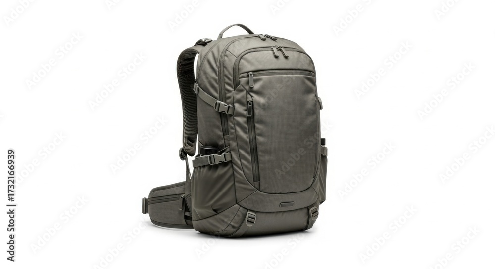 Naklejka premium Gray Travel Backpack with Multiple Compartments and Padded Straps on White Background