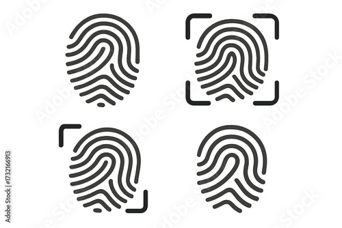 Fingerprint icon set. Biometric authentication symbol. Vector illustration of thumbprint scan for digital id, security access control, cyber privacy, and identification.