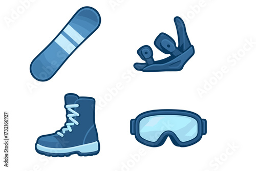 Collection of winter sports equipment including snowboard, boot, goggles, and bindings for snow activities and recreation
