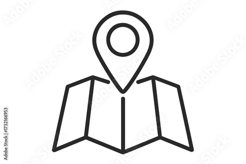 Map with pin icon. Location marker on folded map. GPS navigation symbol. Vector line art for travel, destination, and guide concepts. Position, address, and place finding.