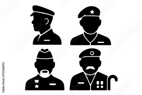 Military people icon set. Army soldier, officer, and war veteran silhouettes. Captain and general avatars. Armed forces, patriotic symbols. Simple glyph vector illustration.