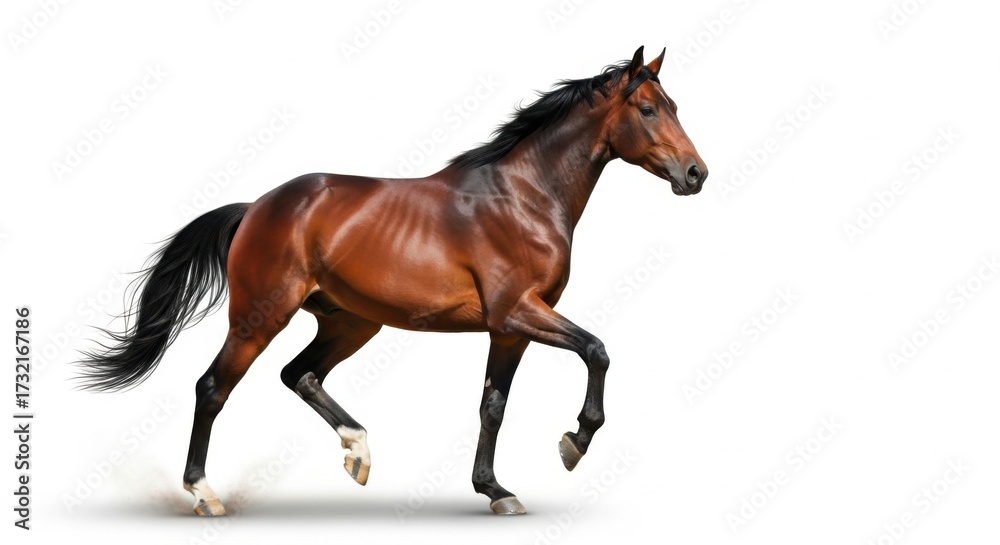 Obraz premium Brown Running Horse with Black Mane and Tail on White Background