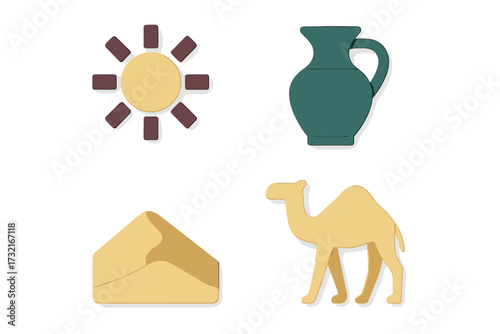 Stylized desert environment icons set with bright sun, ancient water jug, golden sand dune, and dromedary camel