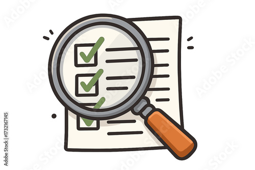 Magnifying glass over checklist vector icon. Concept of benefits review, analysis, and quality control. Document inspection, audit, and research for business compliance.
