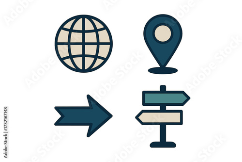 Global navigation and direction symbols with internet globe, map marker, arrow, and signpost icons