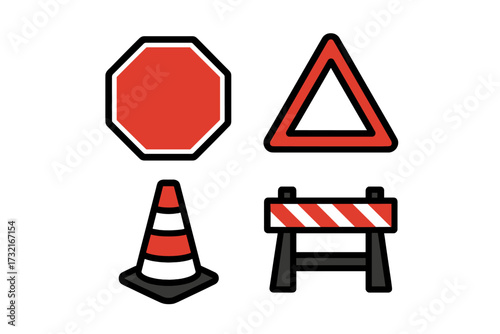 Set of road safety and construction warning signs, including a stop sign, empty warning triangle, traffic cone, and striped barrier
