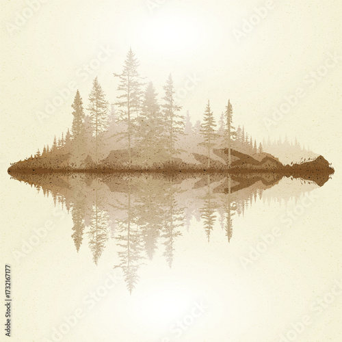 A wild wooded island in the fog, reflected in the lake, sepia tones, retro effect, minimalistic landscape, vector illustration