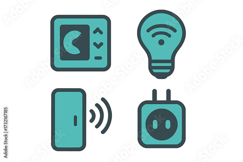 Smart home technology icons set featuring connected devices and automation symbols for modern living and convenience