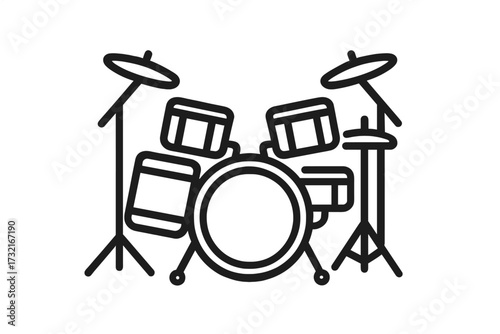 Drum kit icon. Musical instrument for rock band. Percussion linear symbol. Simple drum set with cymbals. Vector logo for music school, lesson, rhythm, sound, beat concept.