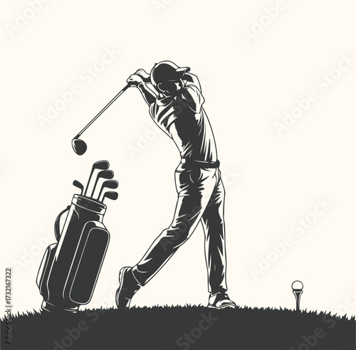 Vector art of silhouette of a golfer in midswing, captured in a dynamic pose, with a golf bag and clubs beside them, on a golf course with a tee and ball, evoking the sport and outdoor activity