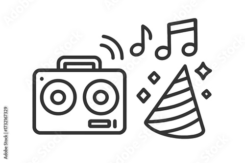 Party icon, celebration symbol. Boombox with music notes and festive hat. Event, holiday concept. Linear style vector illustration. Sound, audio, stereo, fun, happy mood graphic.