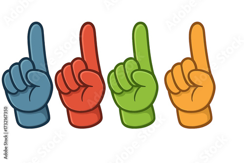 Number 1 fan foam finger vector collection. Colorful hand gloves for sports supporters. Pointing up gesture for victory, championship, and success. First place winner concept.