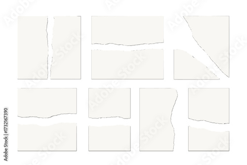 Set of realistic torn paper edges and ripped document pieces, flat style vector illustration with transparent background, various shapes and sizes for design, scrapbooking, and collage