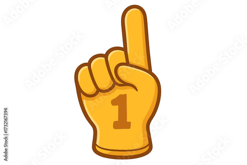 Number 1 fan foam finger. Sport supporter hand glove with finger up. We are the first. Best team support symbol. Winner, champion and victory concept. Vector illustration.