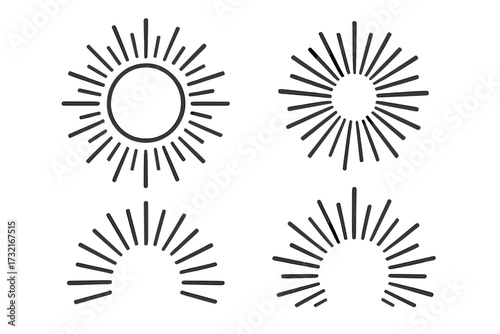 Set of flat style vector sun rays icons on white background, cartoon illustration with transparent background, collection of radiant sunburst designs, decorative elements for graphic projects