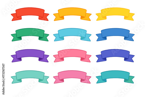 Colorful Ribbon Set with Flat Design Banners, Cartoon Style Vector Illustration, Decorative Ribbon Icons Collection, Transparent Background, Versatile Graphic Elements