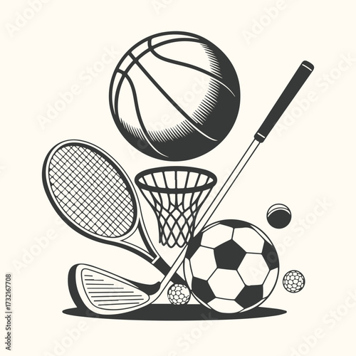 Vector art of a collection of sports equipment including a basketball, soccer ball, tennis racket, golf club, and basketball hoop, isolated on a, representing various athletic activities and games