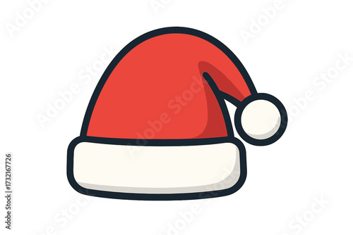 Red Santa Claus Hat with White Fur Trim and Pom Pom, Flat Style Christmas Holiday Festive Vector Illustration, Winter Celebration Costume Accessory Isolated on Transparent Background