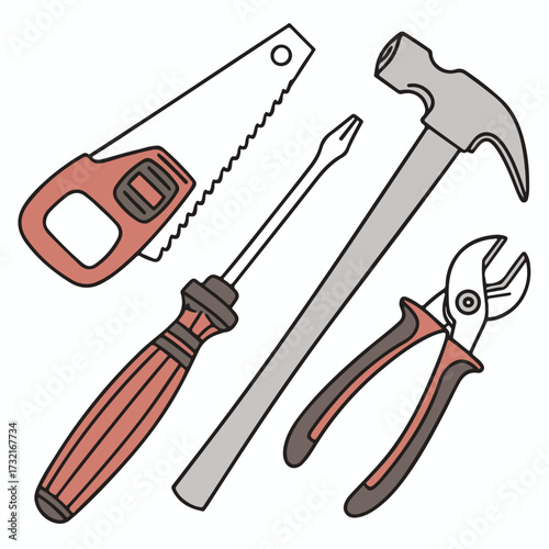 Vector illustration of assorted hammers, screwdrivers, and pliers designed for household repair and workshop maintenance