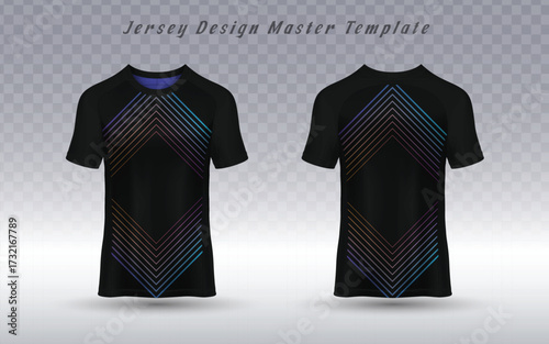 Black sports t-shirt mockup with a bold, symmetrical chevron pattern in blue, pink, and orange. Ideal for custom athletic wear, e-sports jerseys, and team apparel with a sleek, high-tech geometric