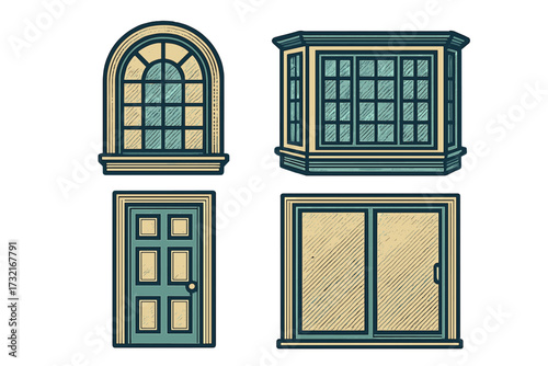 Architectural elements collection featuring various window designs including arched, bay, and sliding styles, alongside a traditional panel door