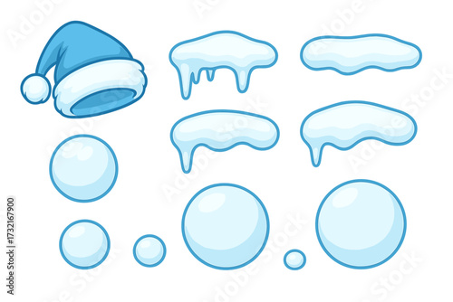 Winter snow cap and snowball collection, cartoon style vector illustration with icy frost, snowy cartoon winter decorations, transparent background, ordered set of snow elements