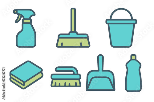 Collection of household cleaning items: spray bottle, broom, bucket, dustpan, scrub brush, and cloths
