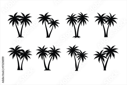 Palm tree, silhouettes, isolated vector, white background, vector art illustration