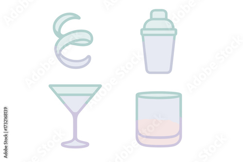 Cocktail bar accessories and drinkware icons including shaker, martini glass, rocks glass, and citrus peel
