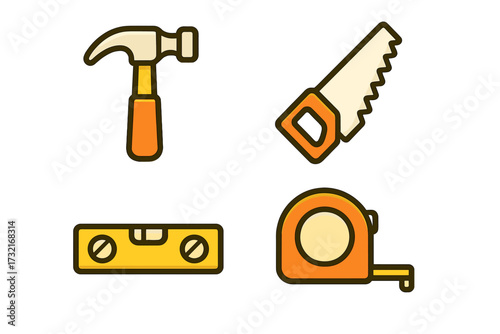 Essential construction tools set including hammer saw level and tape measure for building and repair work