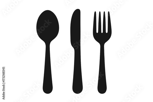 Silhouette tableware set with spoon, knife, and fork. Vector illustration of cutlery utensils in black, transparent background, kitchen dining icons, ordered flat design
