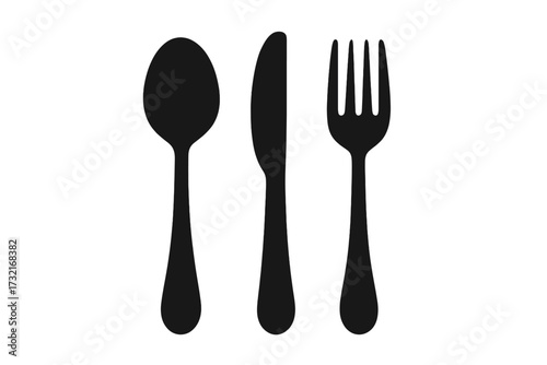 Silhouette cutlery set spoon knife fork vector illustration, black tableware symbols, dining utensils icons, kitchen flat design isolated on transparent background, ordered set
