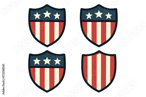 American shield emblem with stars and stripes, USA patriotic label vector set, vintage style red white blue shield icon collection, transparent background design, classic national symbol