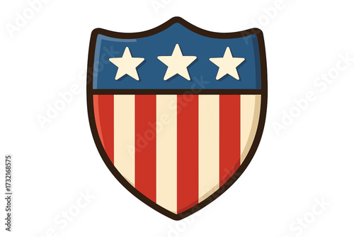 American shield emblem with patriotic USA label design, vector cartoon illustration of red and white stripes with blue top and white stars, vintage style, transparent background, USA symbol