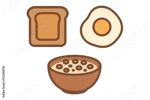 A delightful collection of essential breakfast elements featuring a slice of toast, a fried egg, and a bowl of cereal