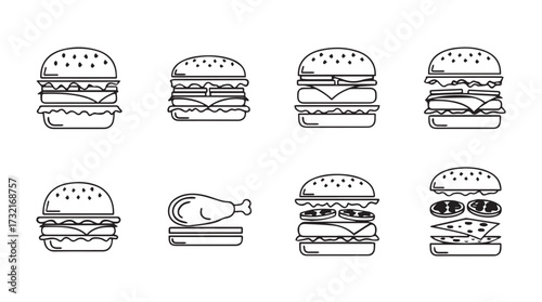 Collection of delicious gourmet hamburgers and fast food icons representing american cuisine vector