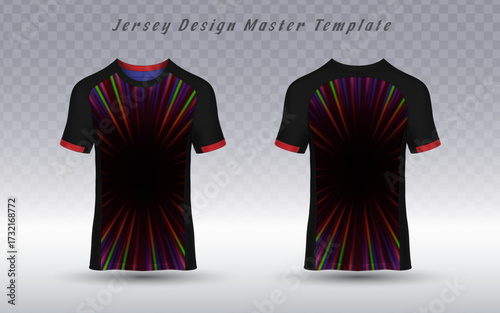 Black t-shirt mockup with a bold starburst pattern in red, green, and blue lines. Perfect for sportswear brands, e-sports teams, and custom apparel designs needing a vibrant and energetic jersey style