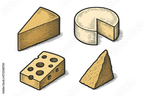 Assortment of various cheese types, including wedges, blocks, and rounds, presented in a classic engraved style with rustic texture and distinct shapes