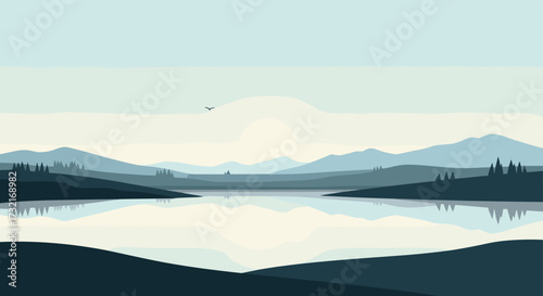 Serene pixelated landscape with a vast calm lake reflecting the misty mountains and sky.