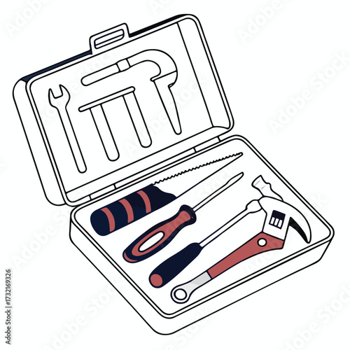 Vector illustration of a professional repair toolkit in a carrying case designed for a construction workshop and mechanical projects